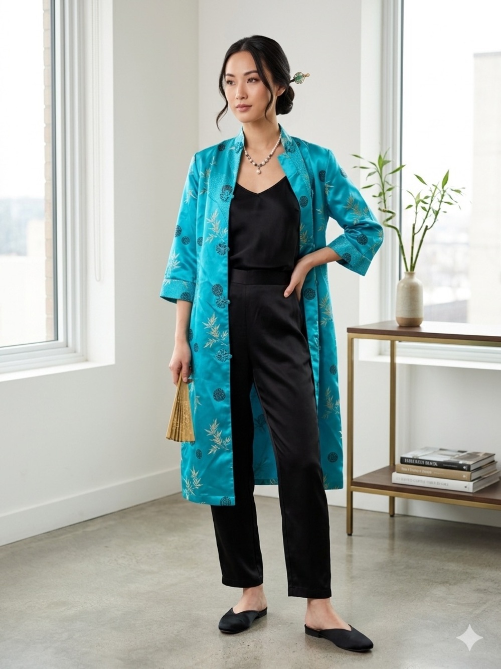 Vintage Turquoise Satin Asian-Inspired Bamboo Print Duster/Kimono